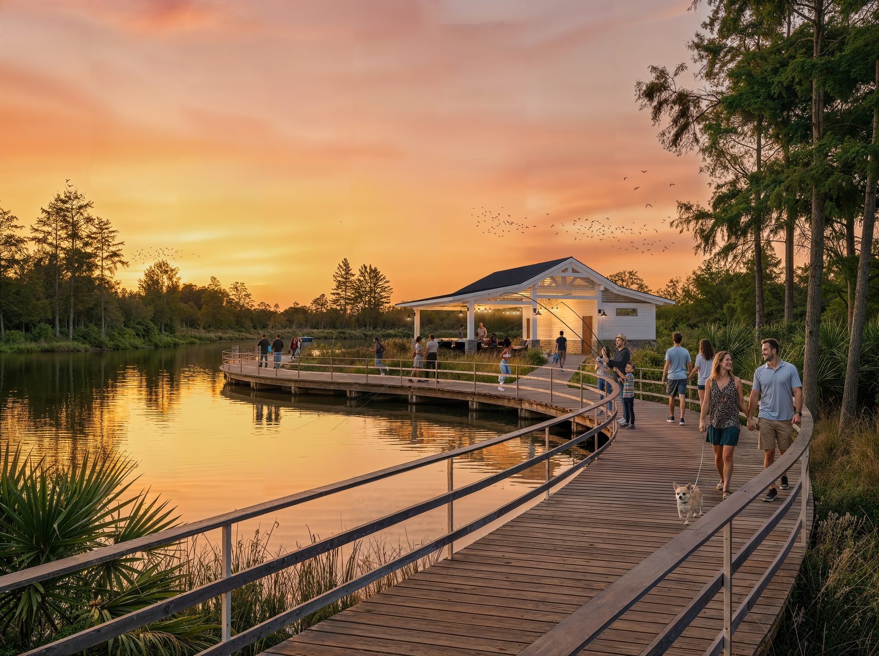 The Pond at Laurelton — boardwalk and pavilion at sunset