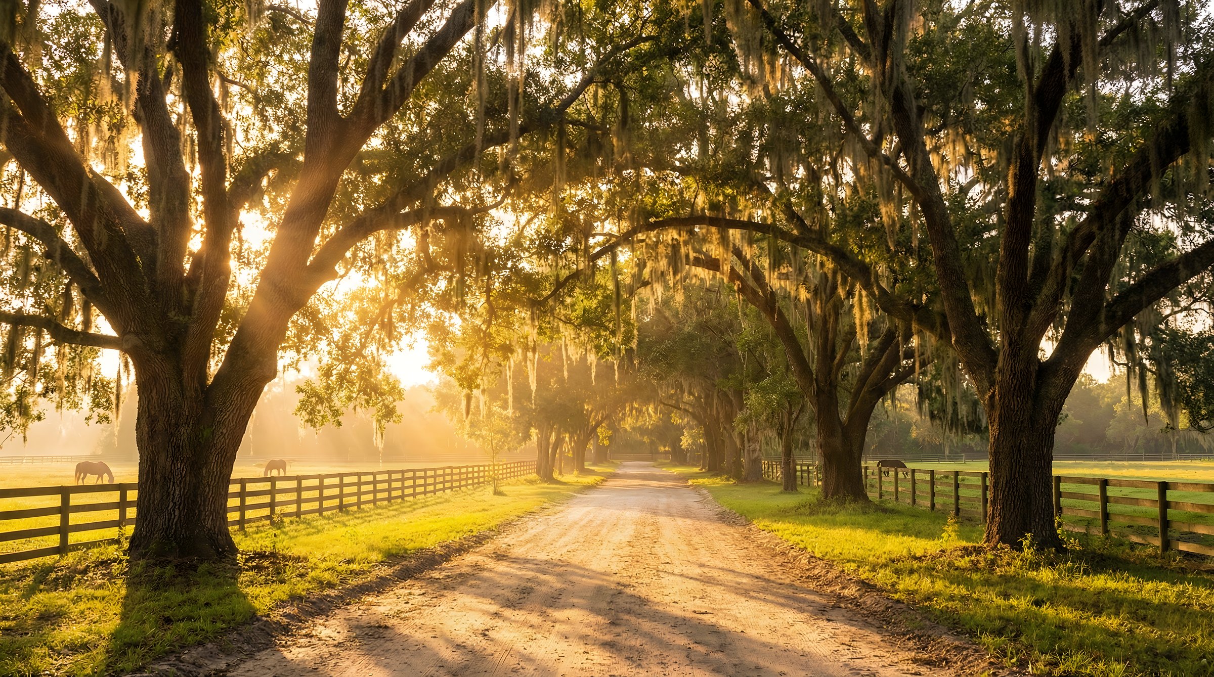 Oak-canopied drive lined with Spanish moss at Laurelton, golden hour