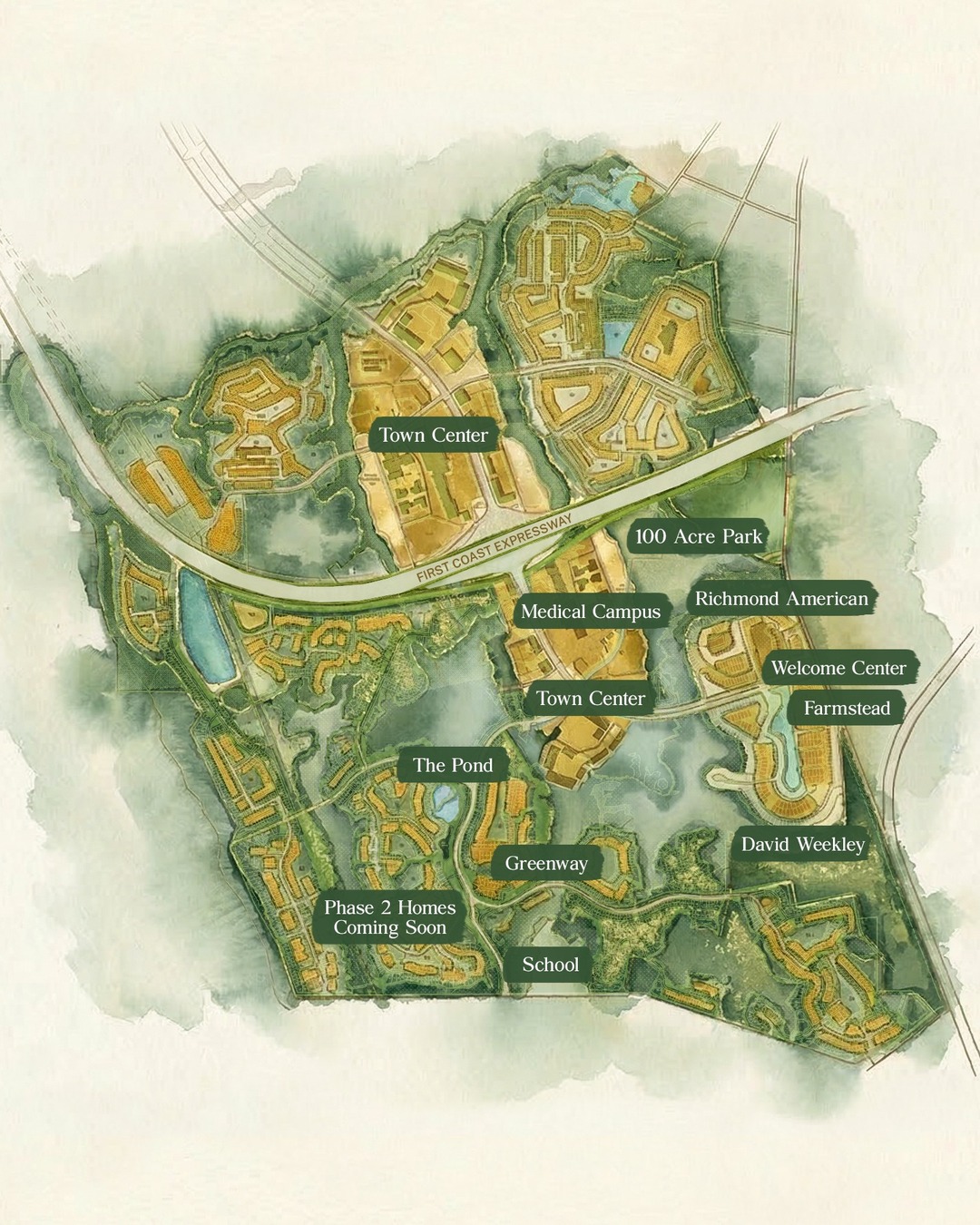 Laurelton community master plan showing phases, parks, and trails