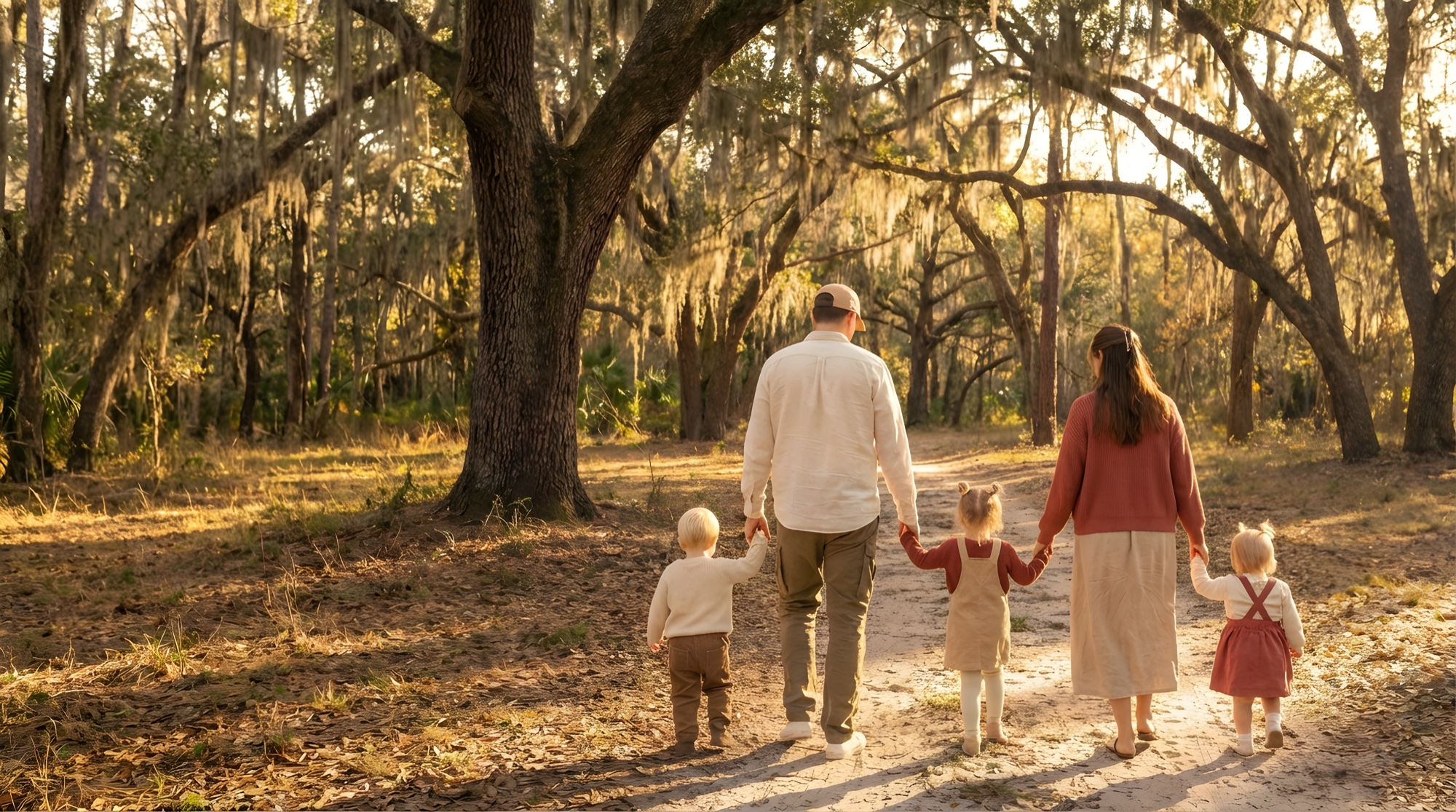 Family walking along an oak-lined trail at golden hour